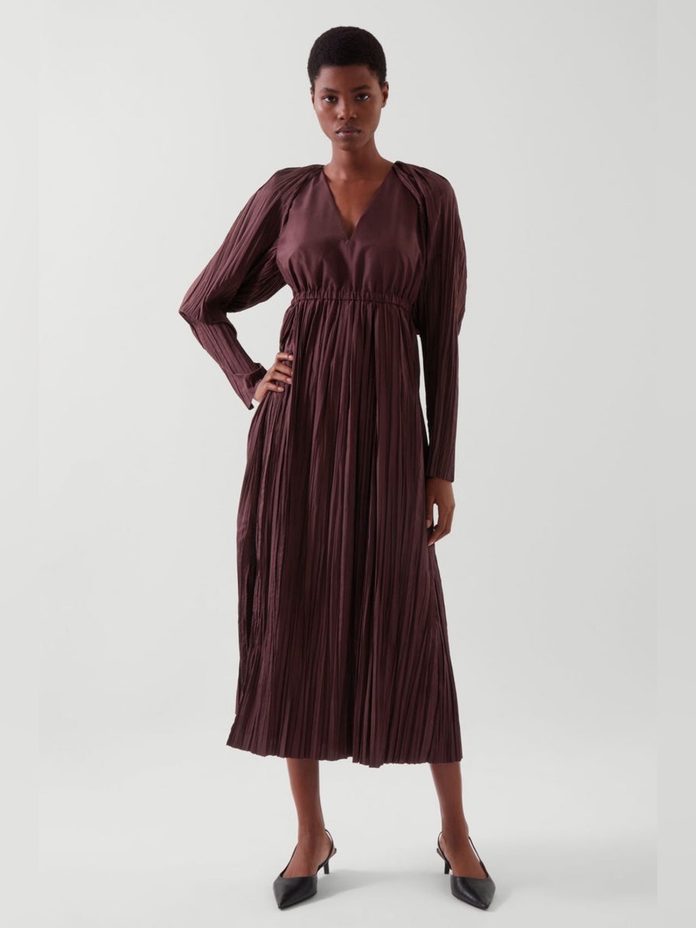 Cos gathered georgette long dress plum plisse pleats please ruti arket clean co